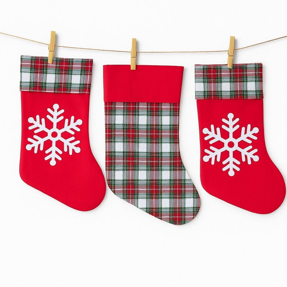 Set of 3 Christmas Stockings 17" Red & Green Plaid Holiday Fireplace Decor